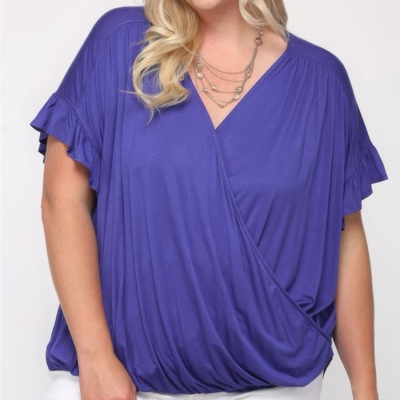 Shannel’s Closet Tops - Solid Viscose Knit Surplice Top With Ruffle Sleeve